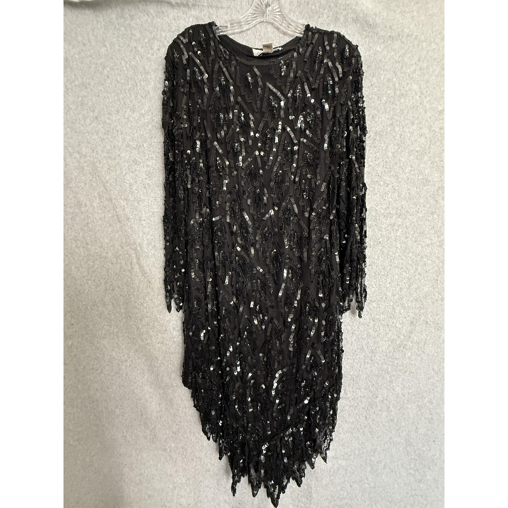 Illustrations Dress Womens Small Black Silk Beaded Sequin Asym Hem Shift Party‎